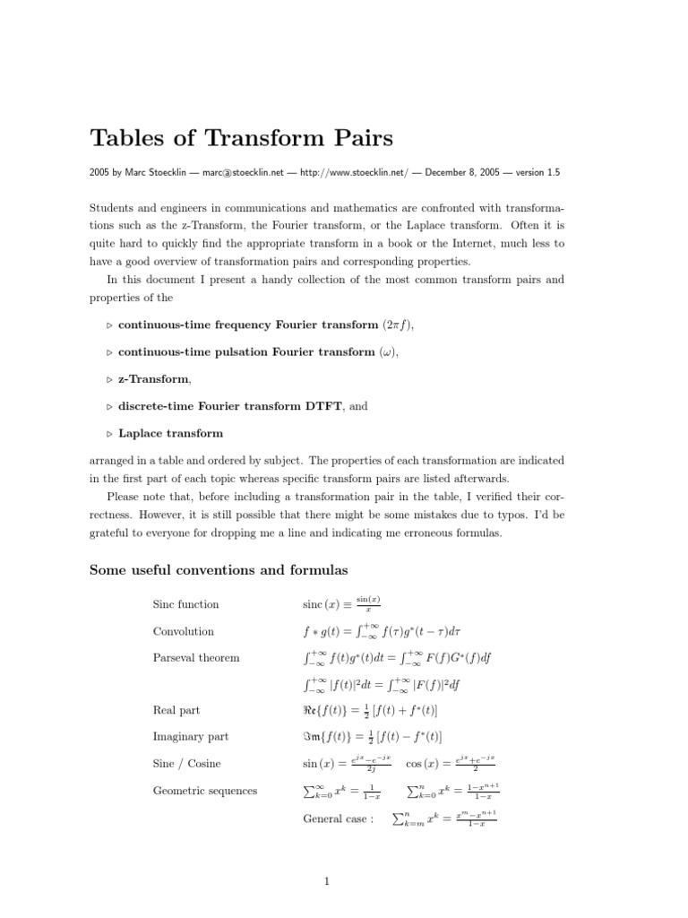 Tables of Transform Pairs: Some Useful Conventions and Formulas | PDF ...