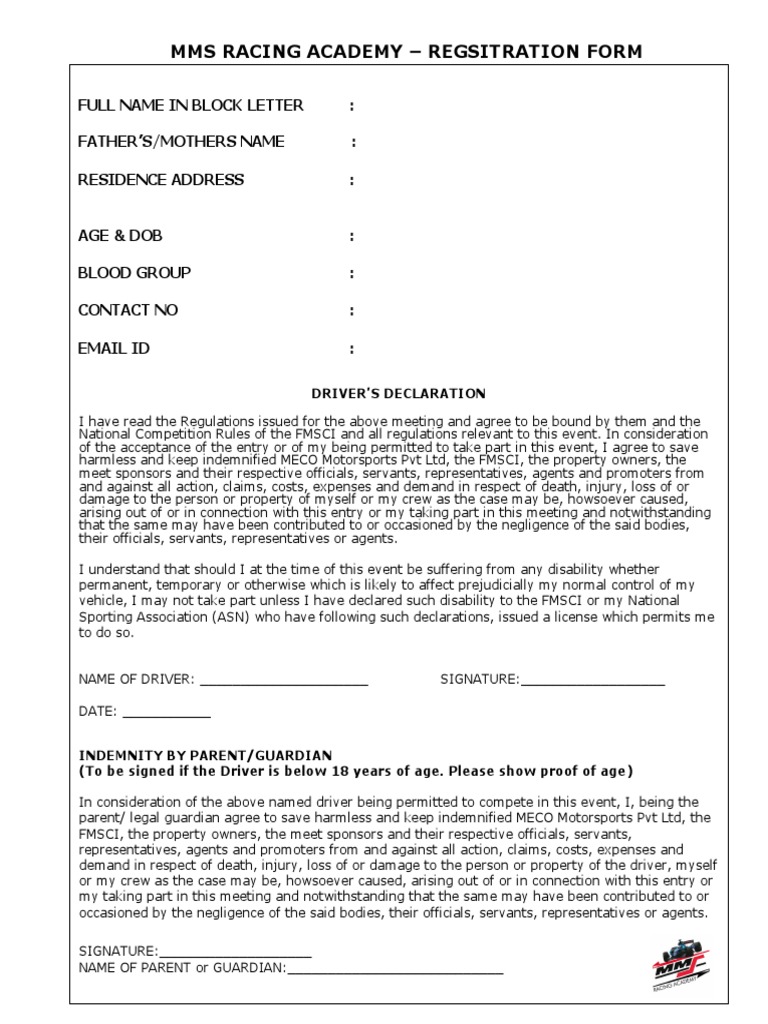 MECO Racing Registration Form | Download Free PDF | Indemnity | Government