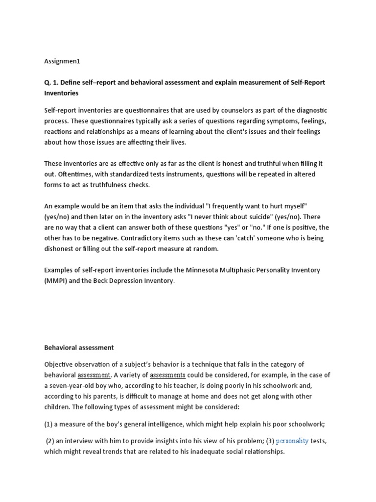 Q. 1. Define SelfReport and Behavioral Assessment and Explain