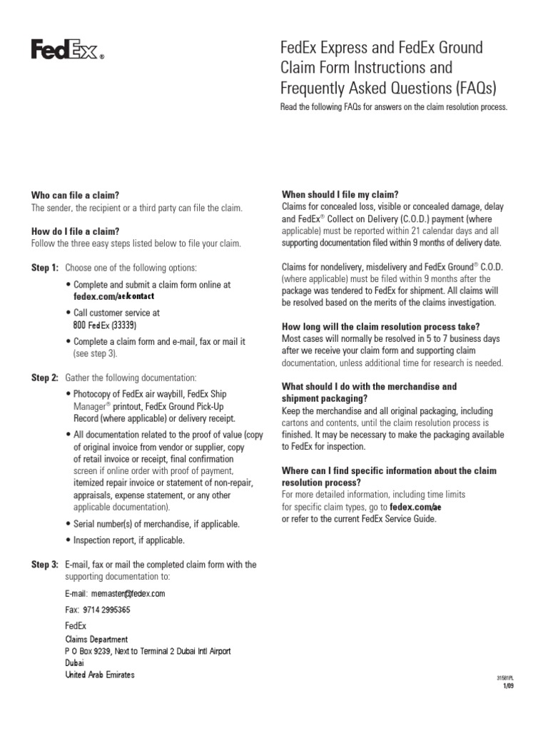 Fedex Express and Fedex Ground Claim Form Instructions and Frequently