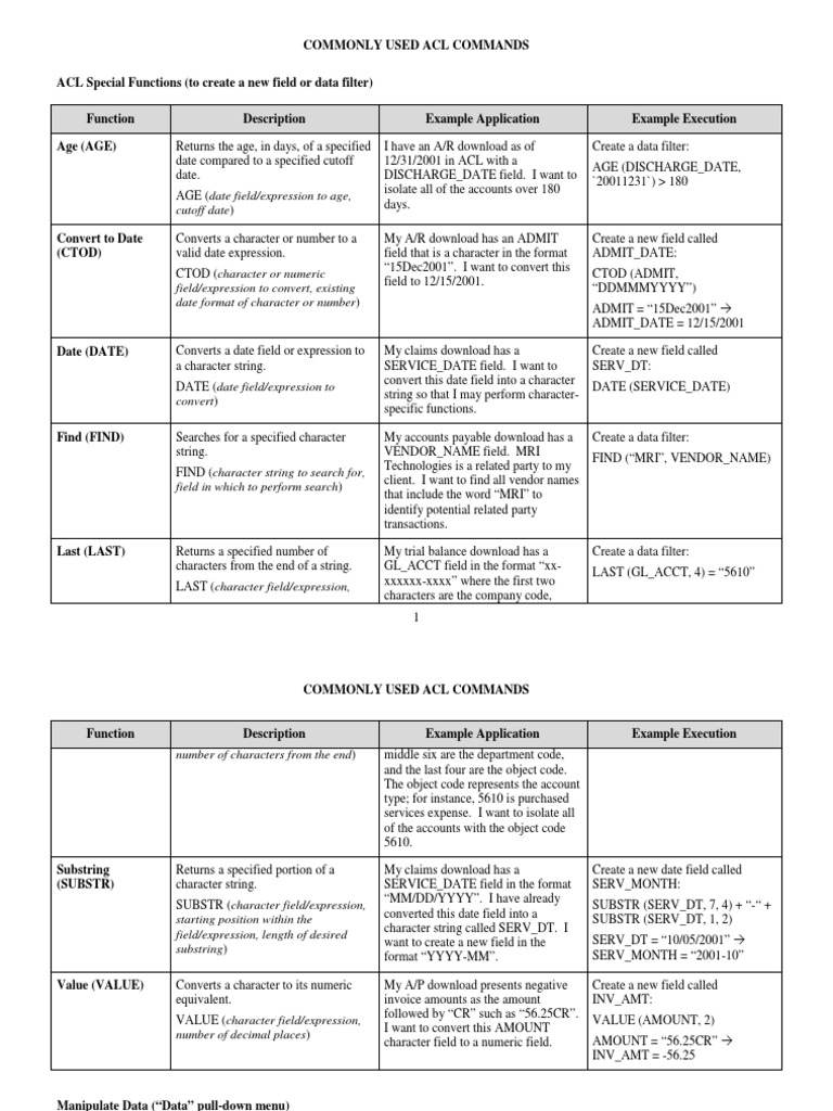 Commonly Used ACL Commands PDF Microsoft Excel String