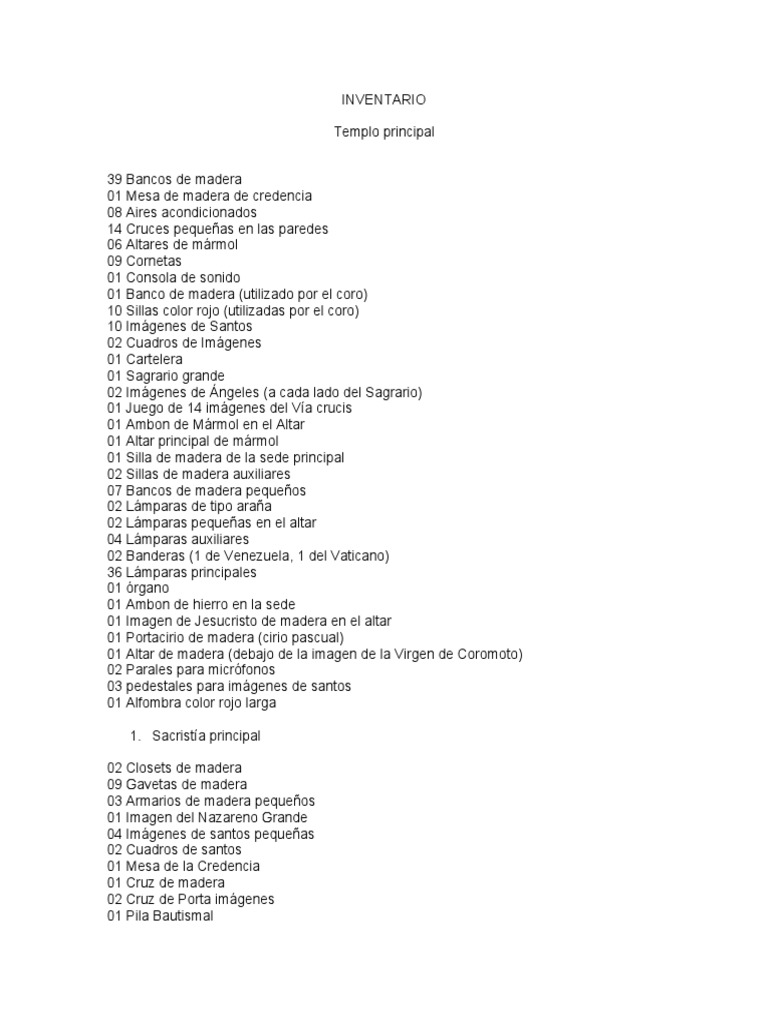 Inventario de la Parroquia Coromoto | PDF | Adoración Cristiana Y Liturgia