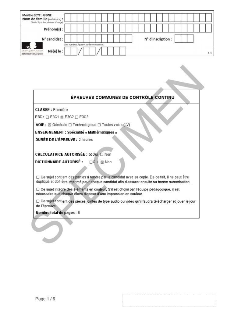 Sujet Specimen 3 Epreuves Communes E3c Premiere Spe Maths Specialite ...