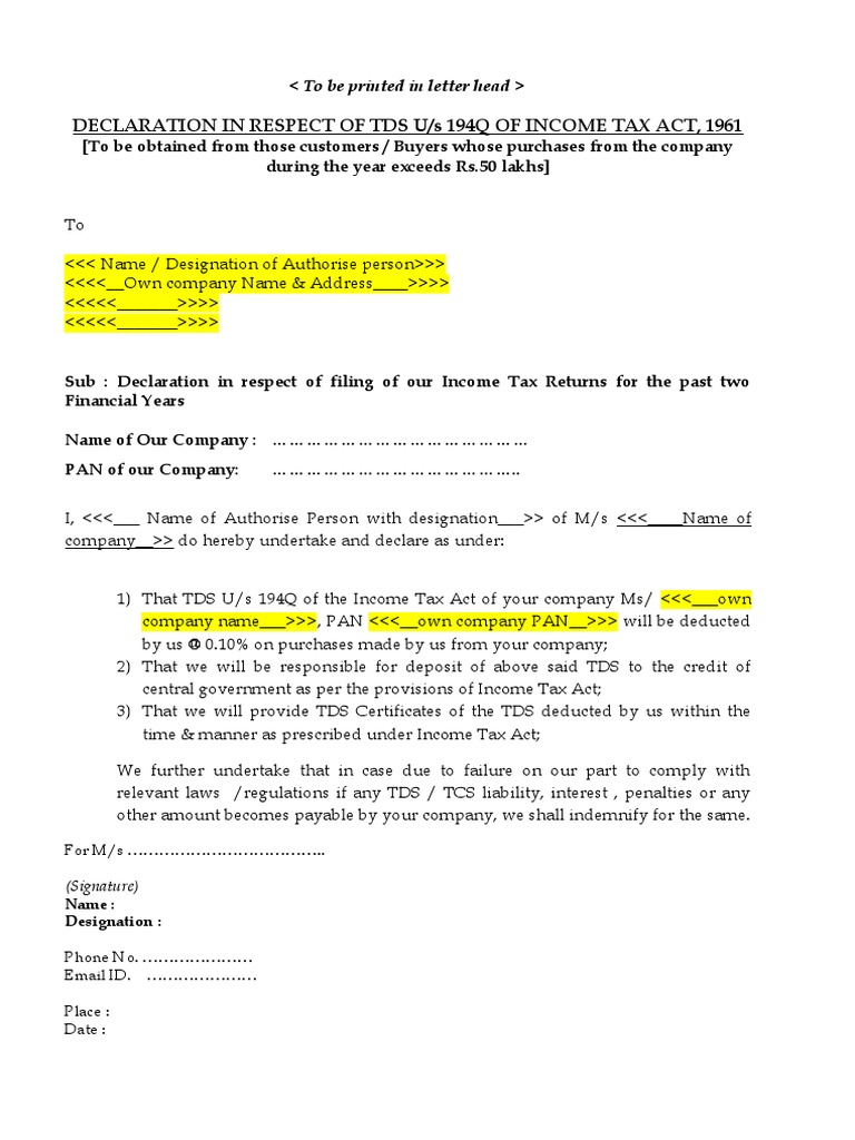 Declaration of Compliance with Section 194Q of the Tax Act for