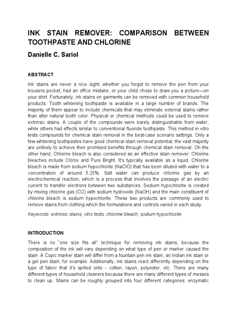 Ink Stain Remover Comparison Between Toothpaste and Chlorine PDF