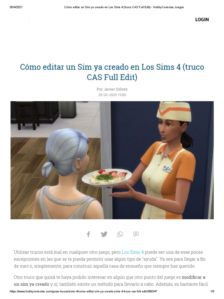 Cambiar A Un Sim Ya Creado Sims 4 Cómo Editar Un Sim Ya Creado en Los Sims 4 (Truco CAS Full Edit) -  HobbyConsolas Juegos | PDF | Videojuegos | Juego de azar