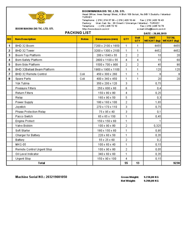 Packing List Boom Makina Dis Tic. Ltd. Sti PDF Mechanical