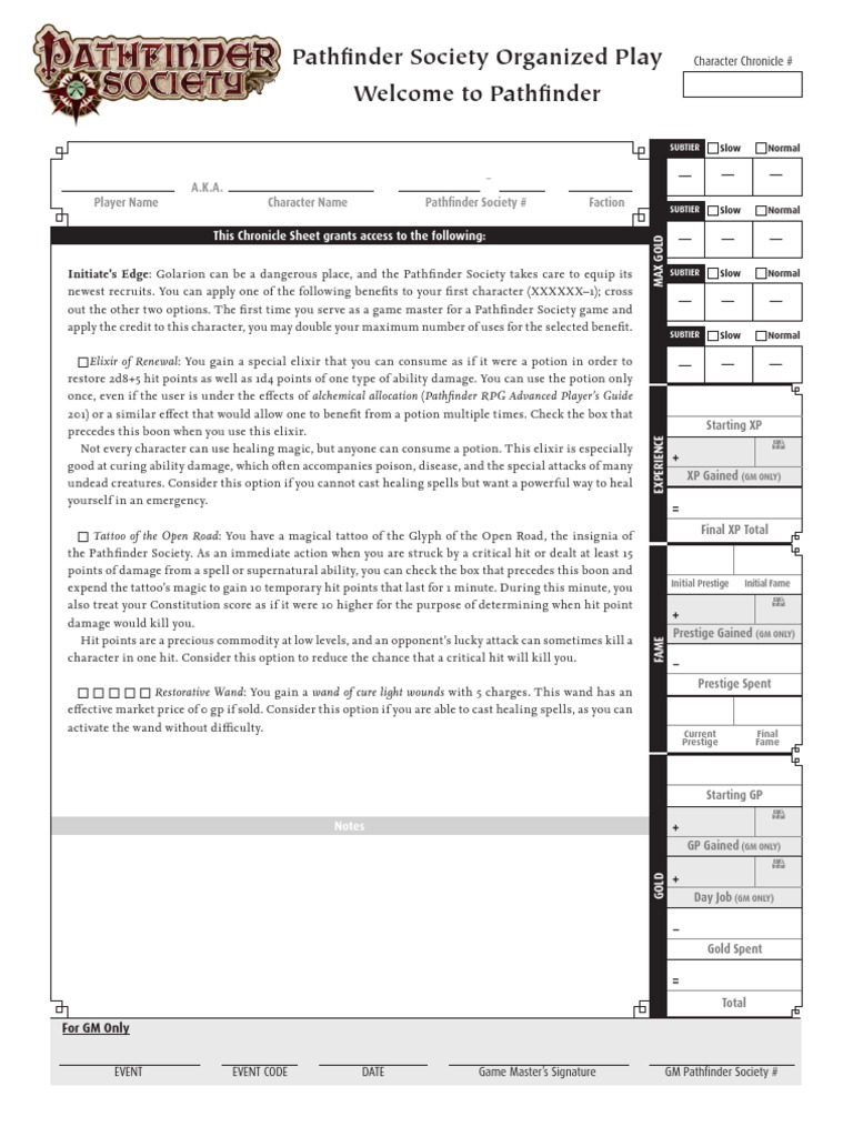 Pathfinder Society Organized Play Welcome To Pathfinder: Player Name A ...