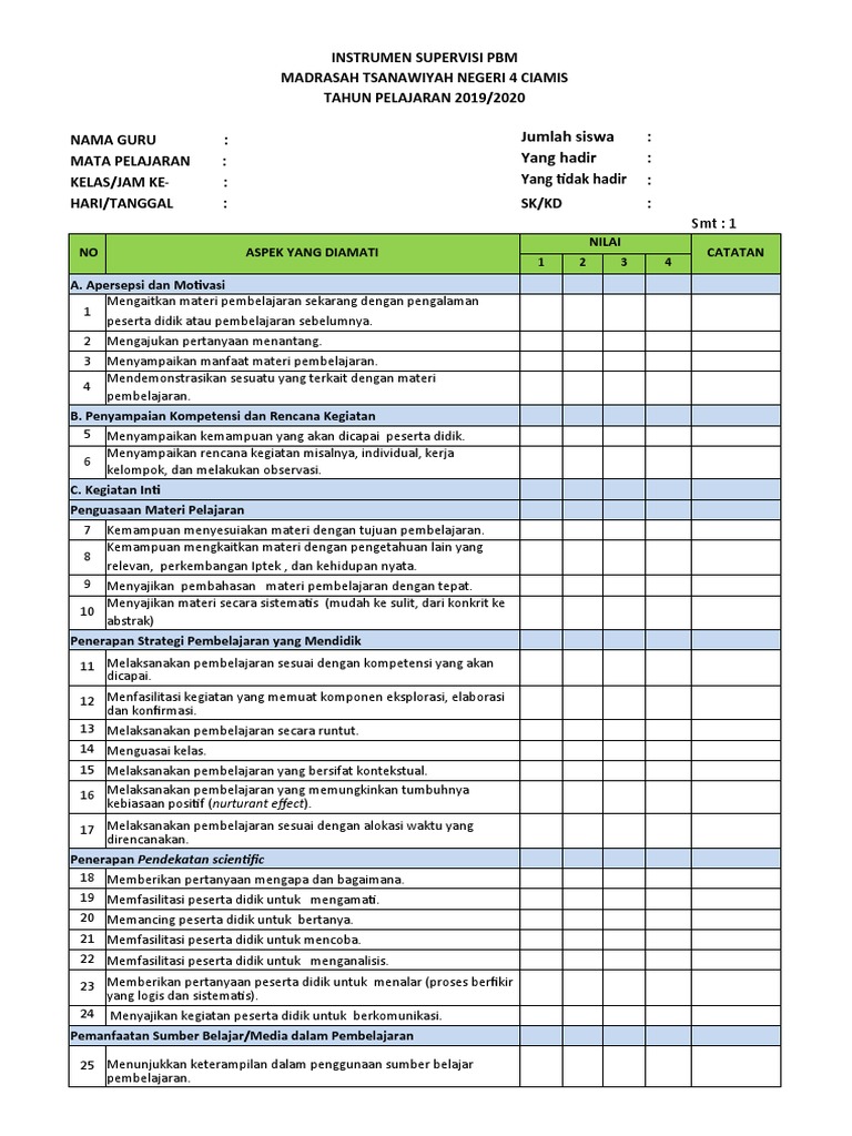 Instrumen Supervisi Pelaksanaan PBM Form 2019-2020 SMT 1 | PDF