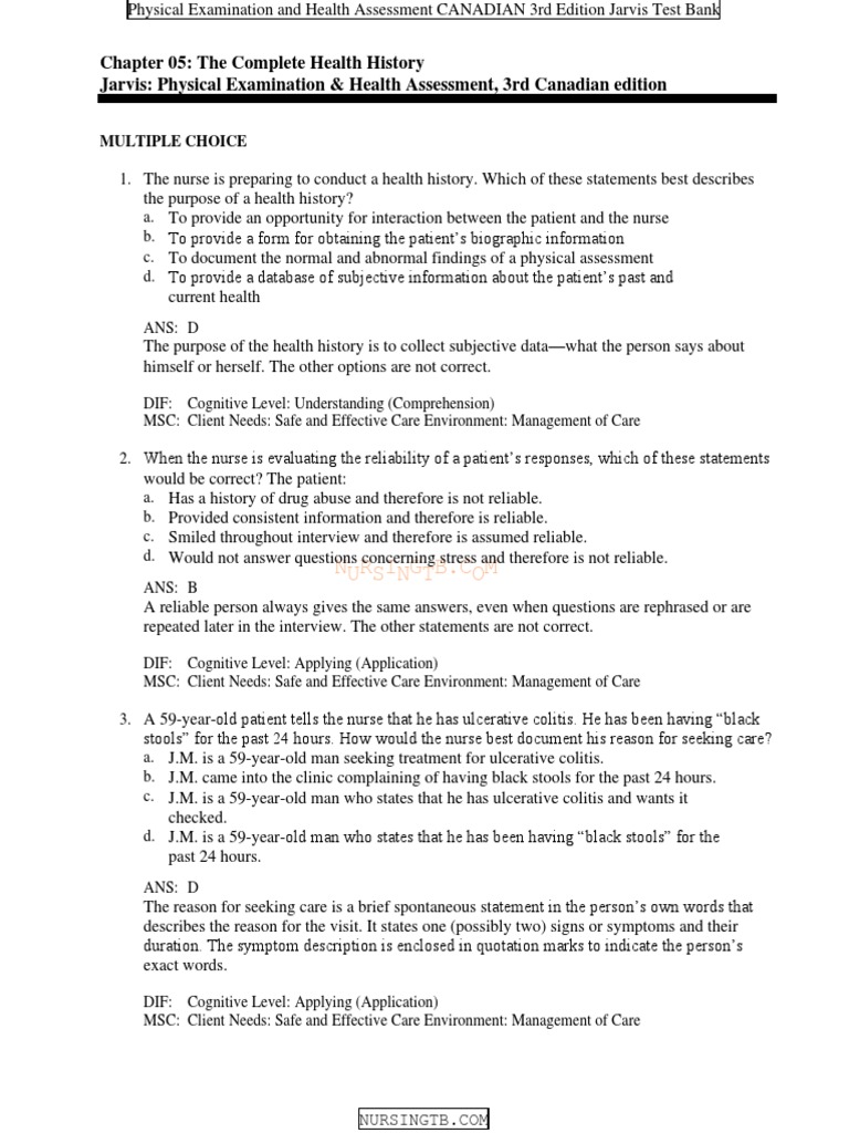 Chapter 05 The Complete Health History Jarvis Physical Examination