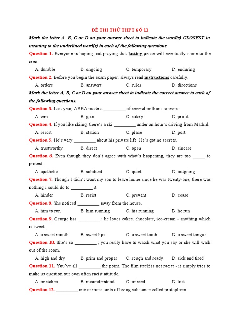 THPT Practice Exam 11 Questions | PDF | Noise | Anxiety