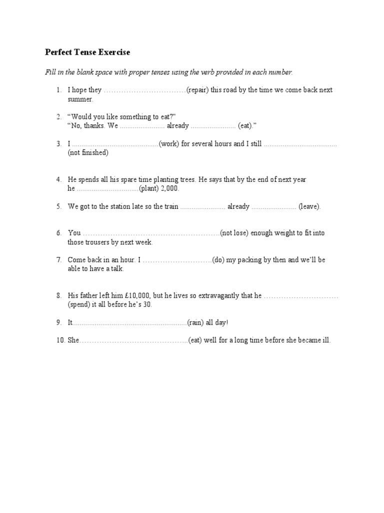 Perfect Tense Exercise | PDF | Language Arts & Discipline | Home & Garden