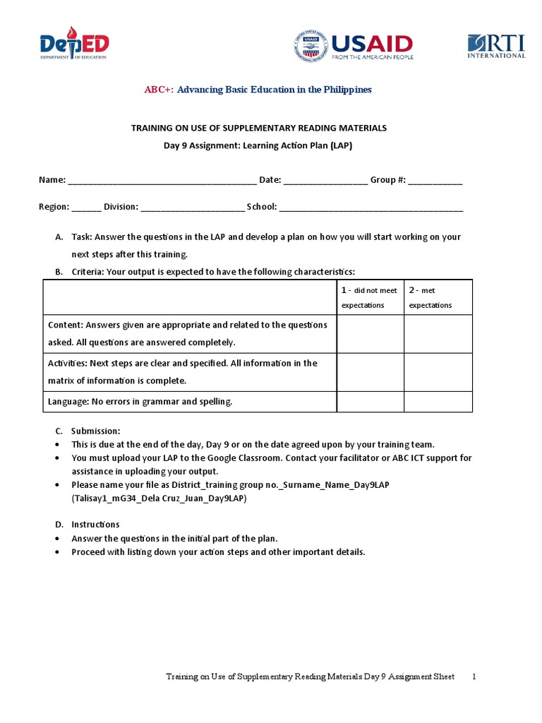 LAP for Supplementary Reading Materials | PDF | Learning | Teachers