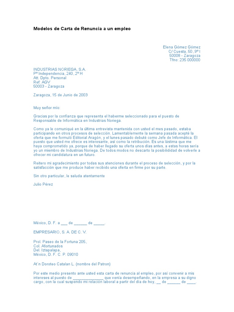 Modelos de Carta de Renuncia a un empleo