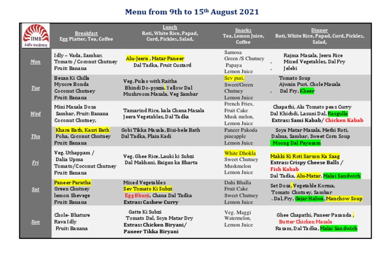 7th Weekly Mess Menu From 8th To 15th August 2021 | Unduh gratis PDF ...