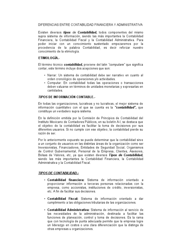 Diferencias Entre Contabilidad Financiera y Administrativa | PDF ...