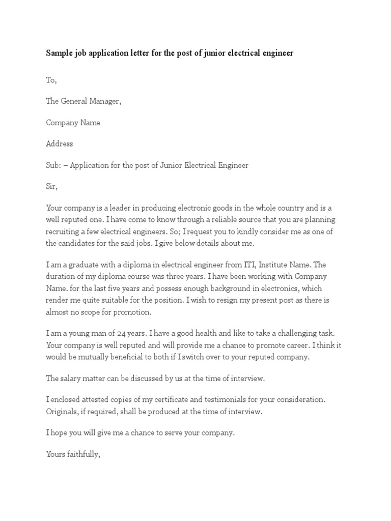 Sample Job Application Letter For The Post of Junior Electrical ...