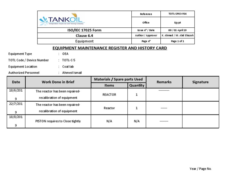 Equipment Maintenance Register and History Card ISO/IEC 17025 Form