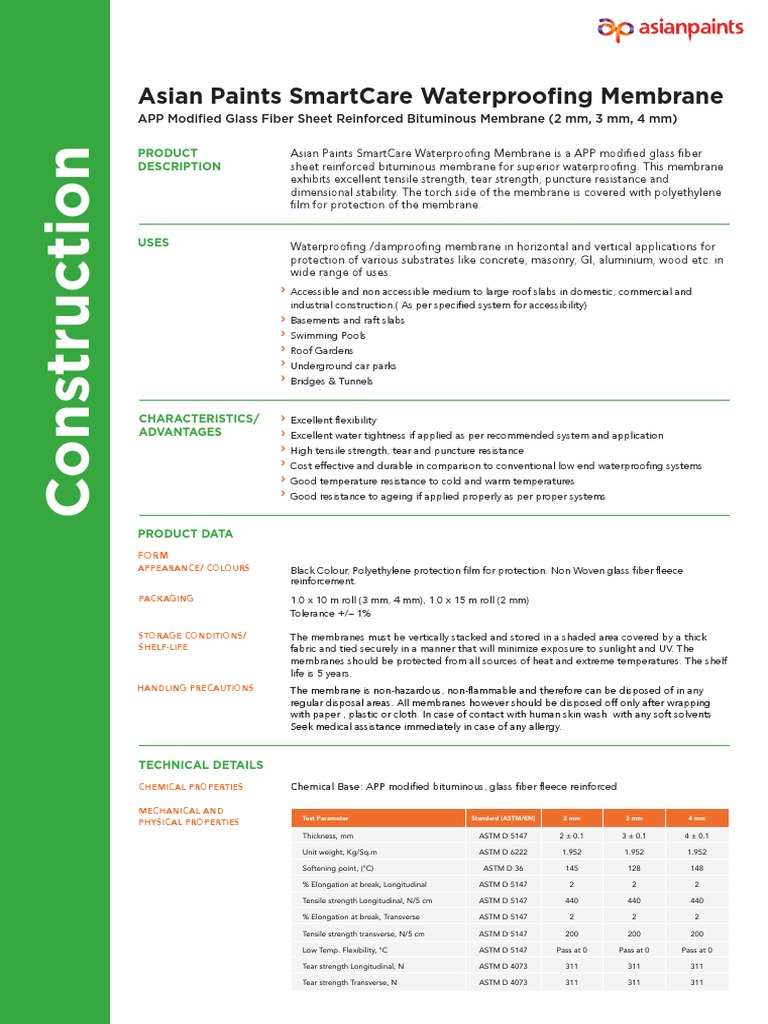 Asian Paints Smartcare Waterproofing Membrane | PDF | Concrete | Fibers