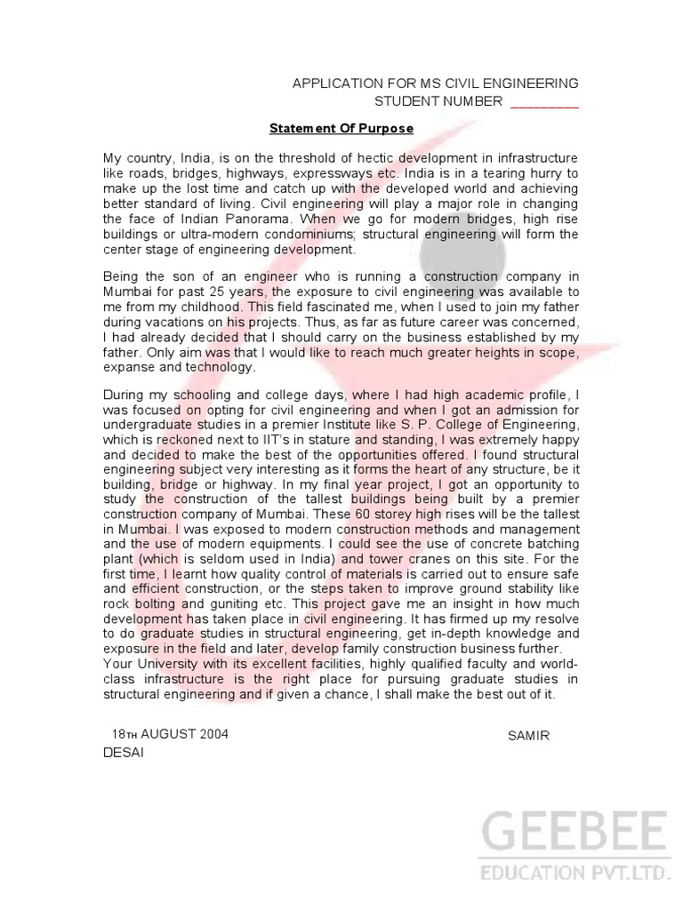 Statement of Purpose Example 17 | PDF | Engineering | Structural ...