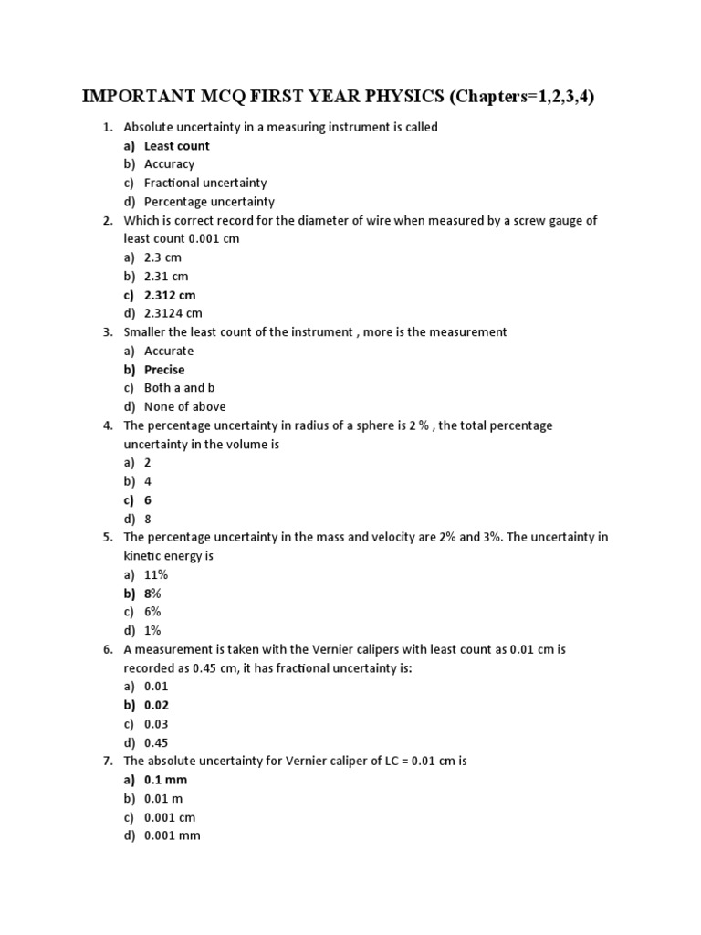 1st Year Physics MCQs with Answers | PDF | Power (Physics) | Projectiles