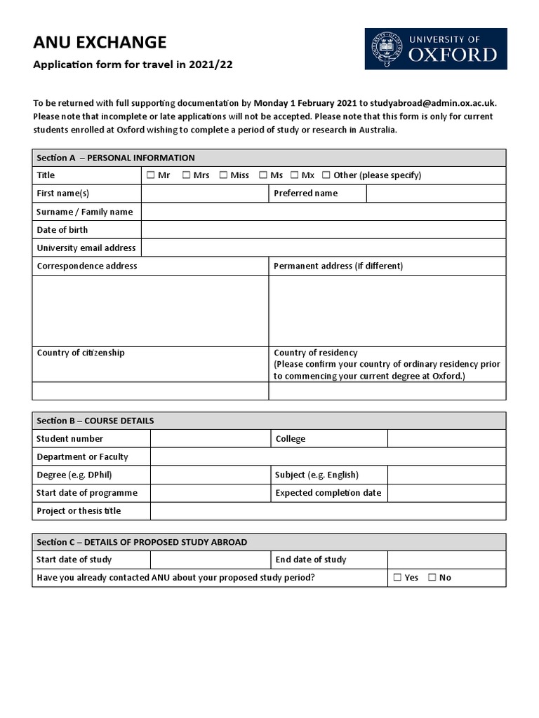 ANU Exchange Application Form 2021/22 | PDF | International Student ...