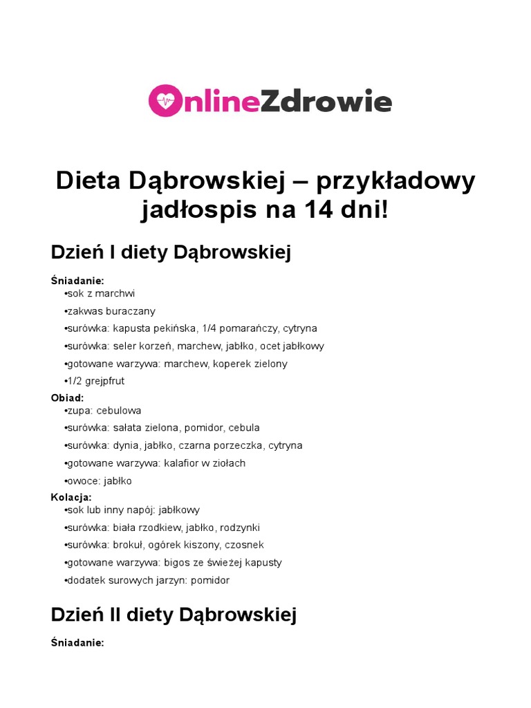 Dieta Dąbrowskiej Jadłospis Na 14 Dni