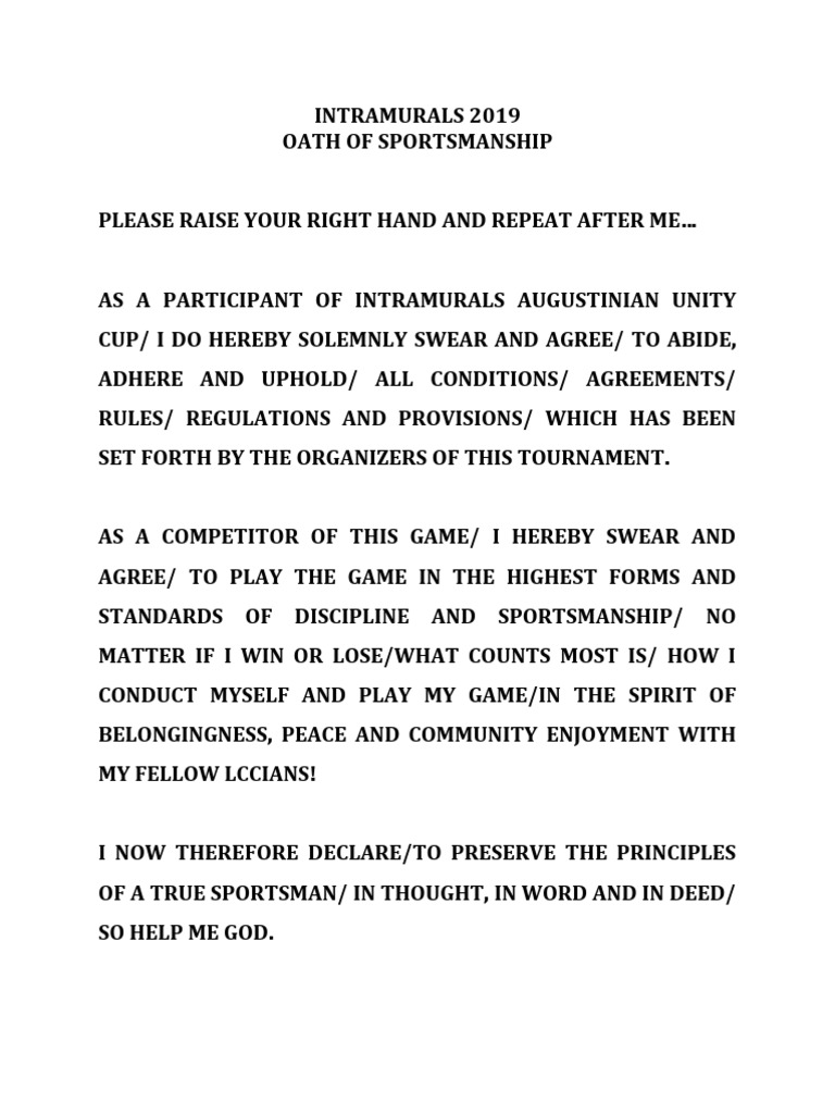 Sample Of Oath Of Sportsmanship
