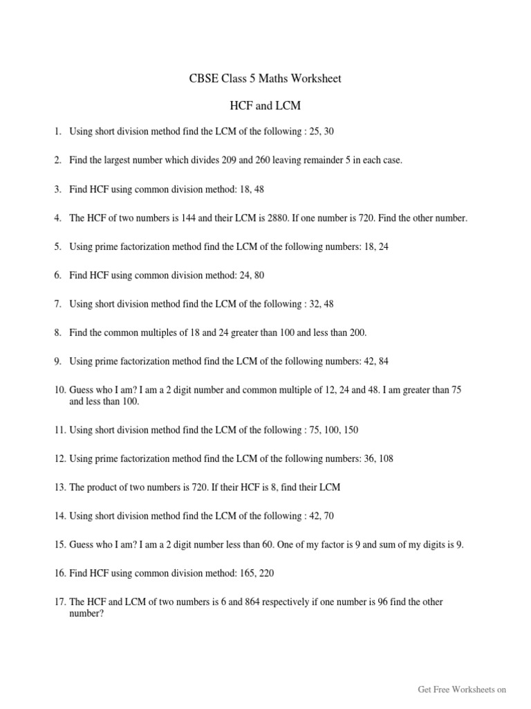 CBSE Class 5 Maths Worksheet HCF and LCM: Get Free Worksheets On | PDF