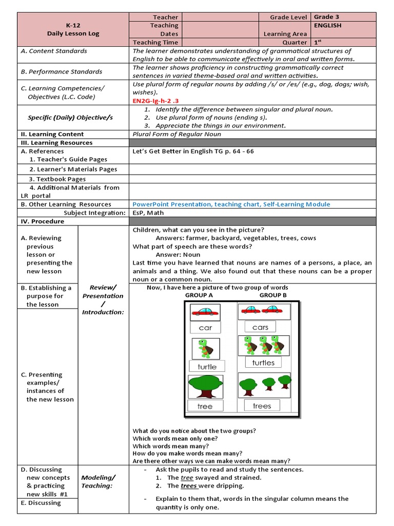 Grade 3 Plural Nouns Lesson Plan | PDF | Plural | Grammatical Number