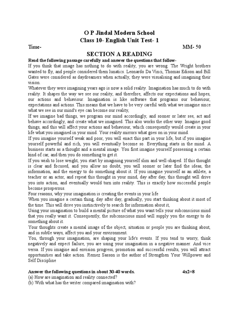 Class 10 English Unit Test 1 Paper | PDF | Imagination | Thought
