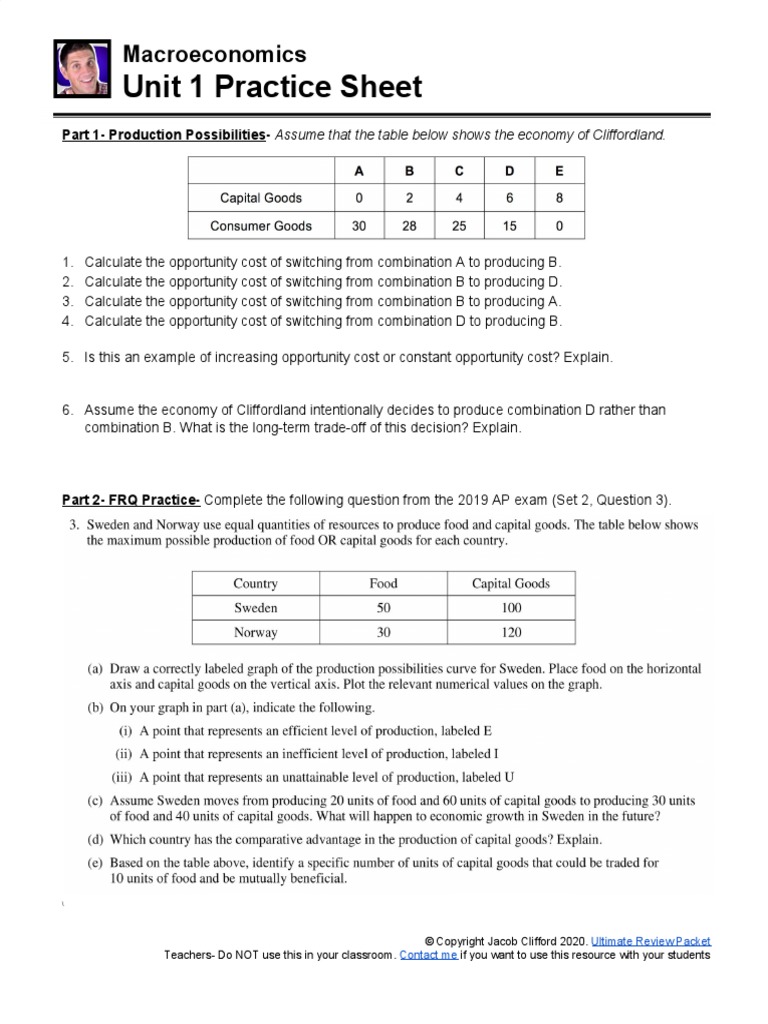 Unit 1 Practice Sheet: Macroeconomics | PDF | Opportunity Cost |  Macroeconomics