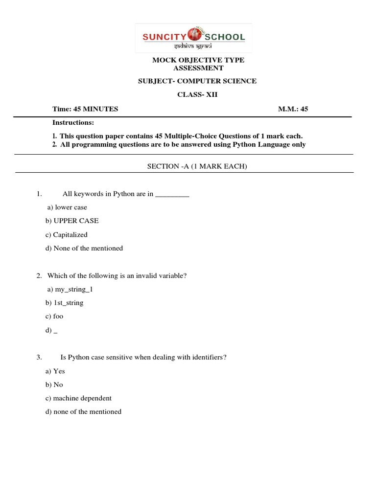 Computer Science XII Python MCQ Assessment | PDF | Comma Separated ...