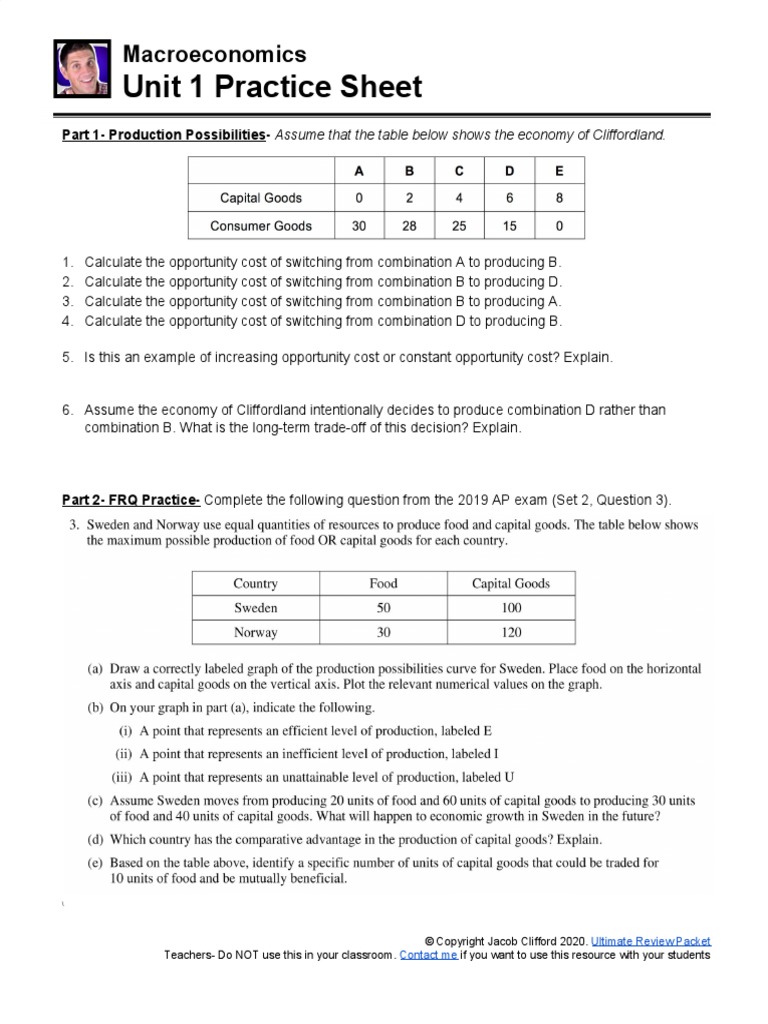 Macro Unit 1 Practice Sheet | PDF | Opportunity Cost | Macroeconomics