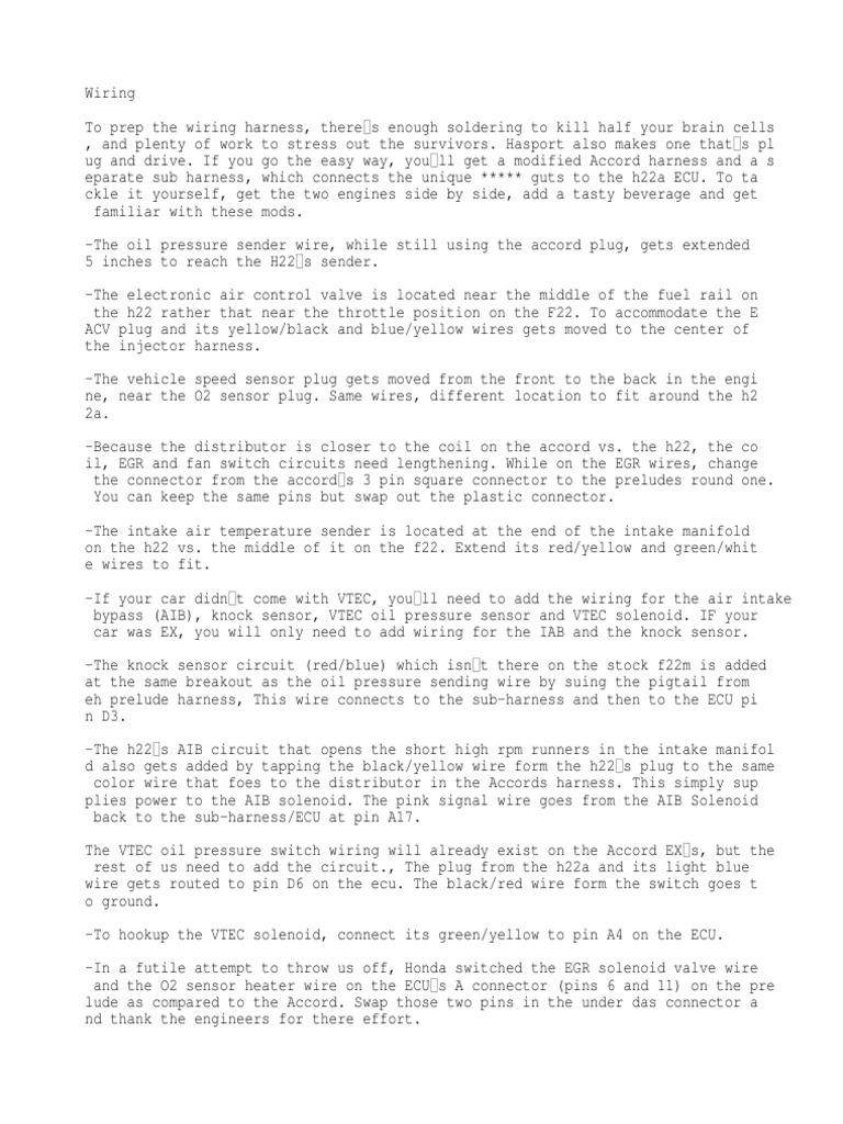 H22a Wiring | PDF | Throttle | Machines