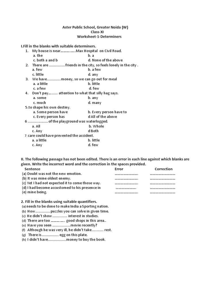 Class XI Determiners Worksheet | PDF