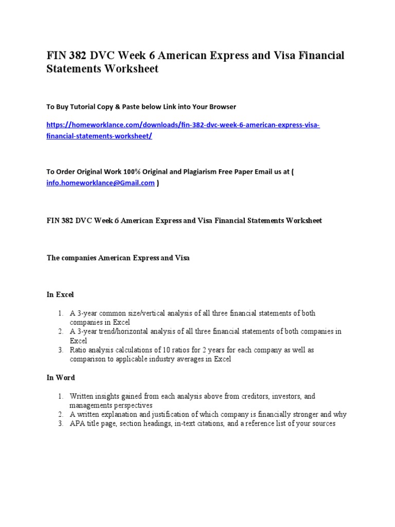 FIN 382 DVC Week 6 American Express and Visa Financial Statements ...
