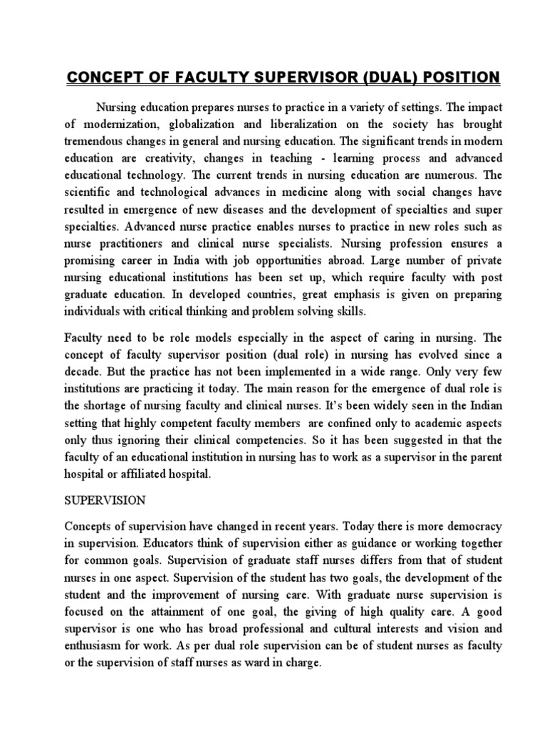 CONCEPT OF FACULTY SUPERVISOR POSITION IN NURSING - Word | PDF ...