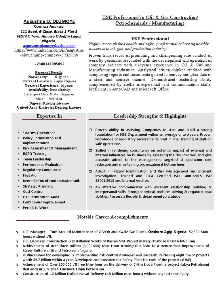 HSE Professional with 16 Years in Oil & Gas | PDF | Occupational Safety ...