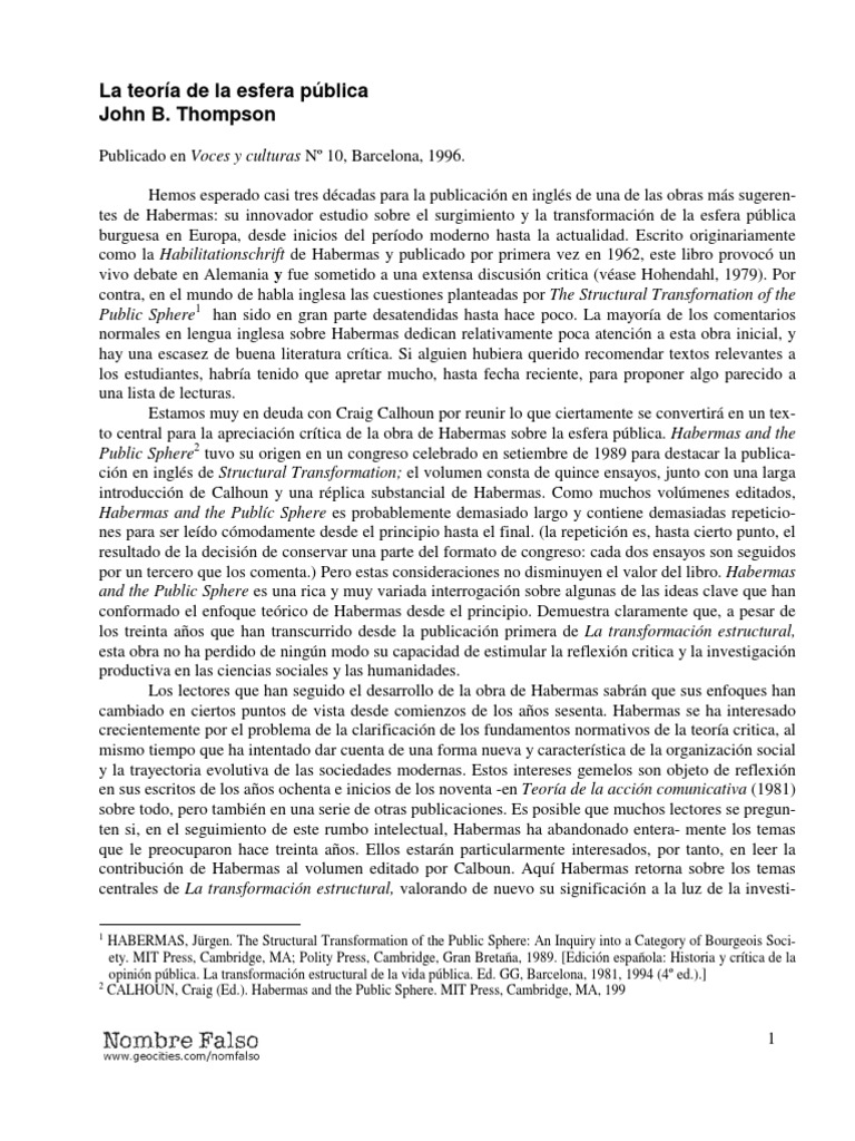 La+Teoría+de+la+Esfera+PúblicaJ B Thompson PDF Jürgen Habermas