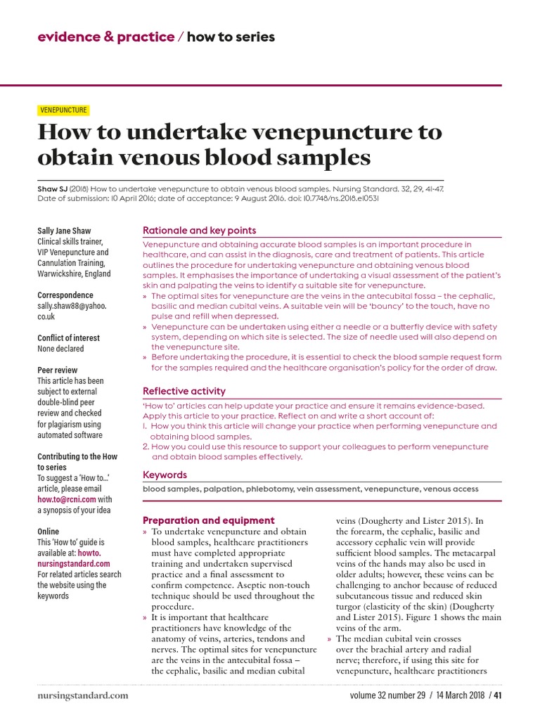 How To Undertake Venepuncture To Obtain Venous Blood Samples | PDF