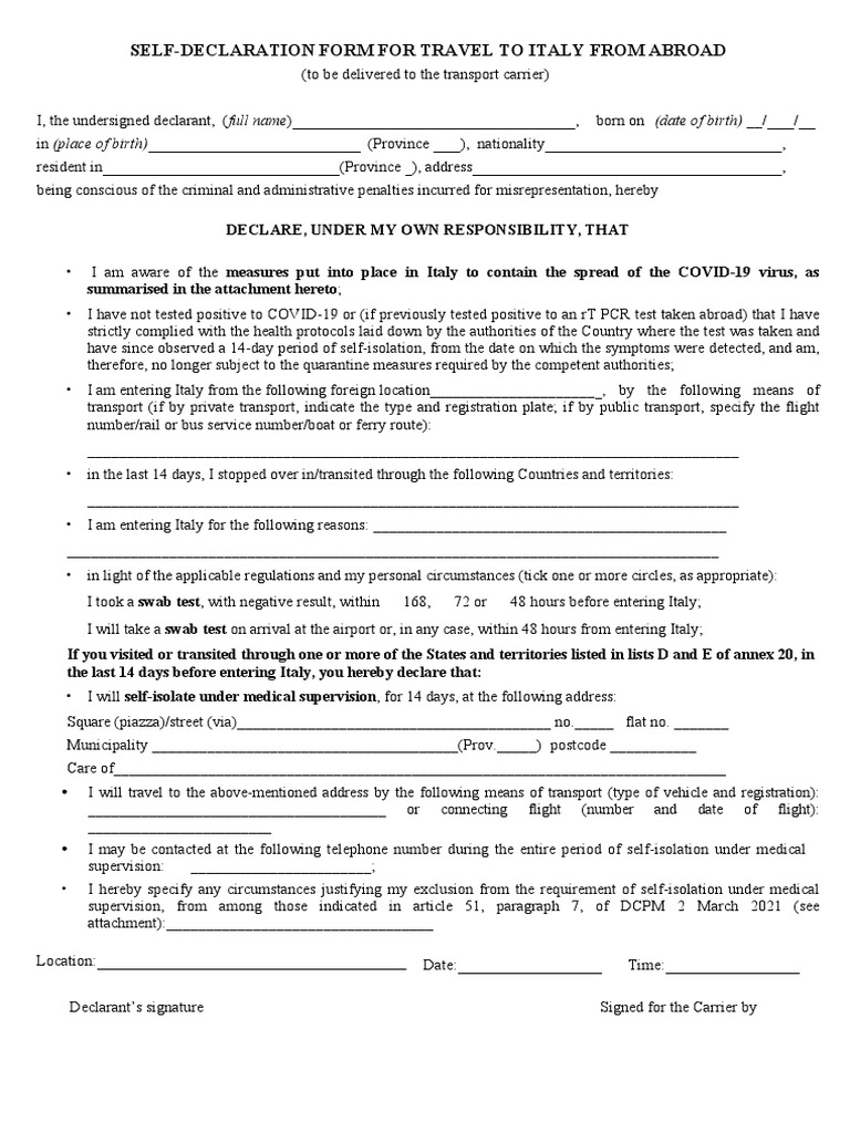 Italy Travel COVID-19 Declaration Form | PDF | Diseases And Disorders ...