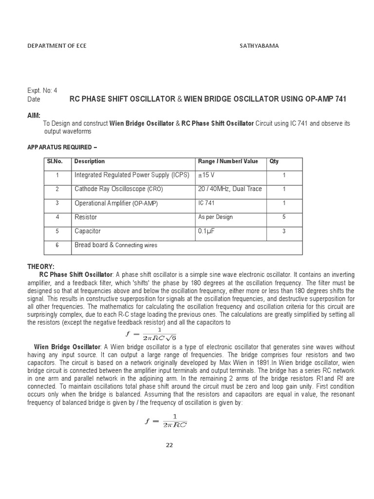 RC Phase Shift & Wien Bridge Oscillator | PDF | Electronic Oscillator ...