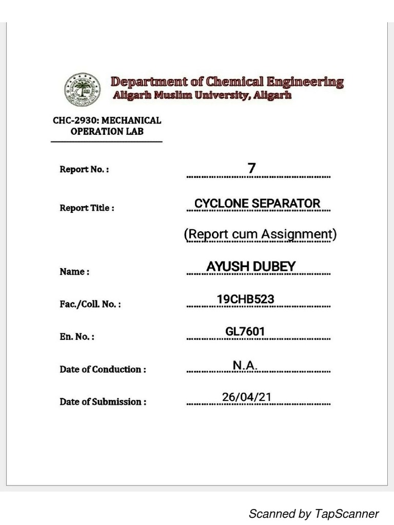 Cyclone Separator Report by - AYUSH DUBEY | PDF | Cooking, Food & Wine