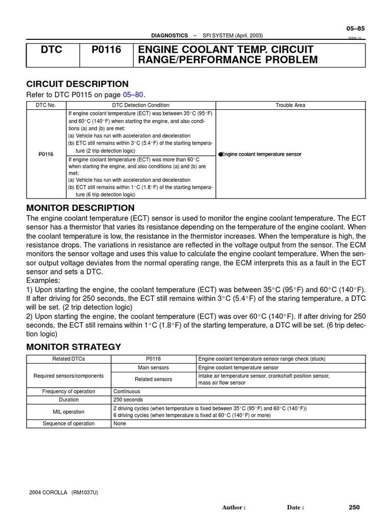 DTC P0116 Engine Coolant Temp. Circuit Range/Performance Problem PDF