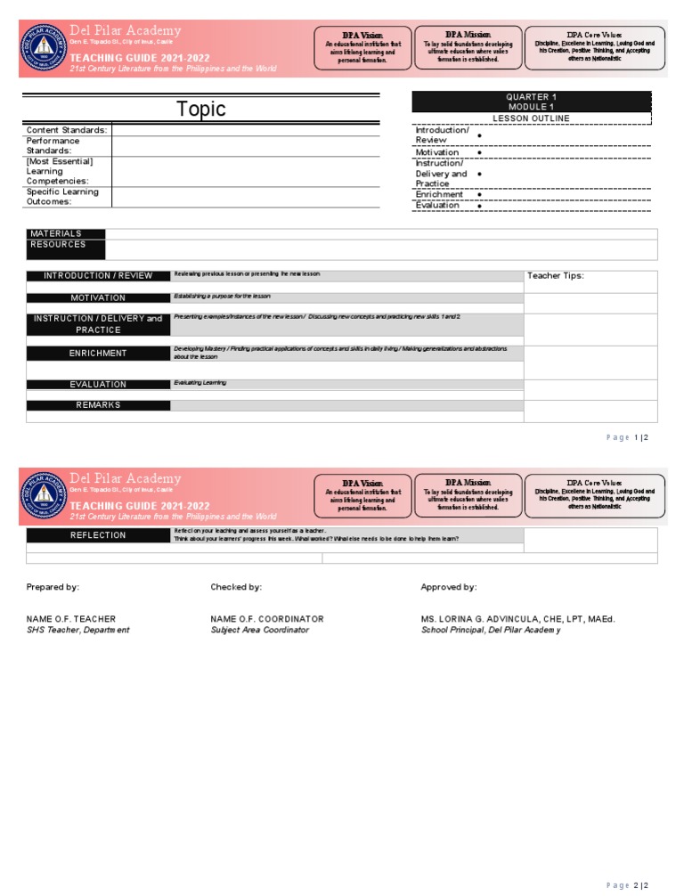 Teaching Guide Template Pdf Learning Teachers