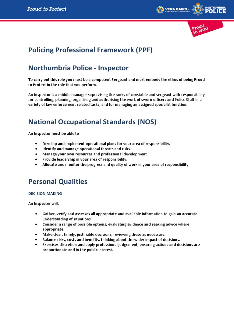 Policing Professional Framework (PPF) Northumbria Police - Inspector ...