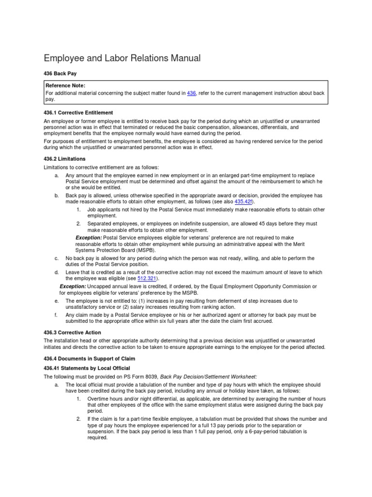 Employee and Labor Relations Manual 436 Back Pay Reference Note PDF
