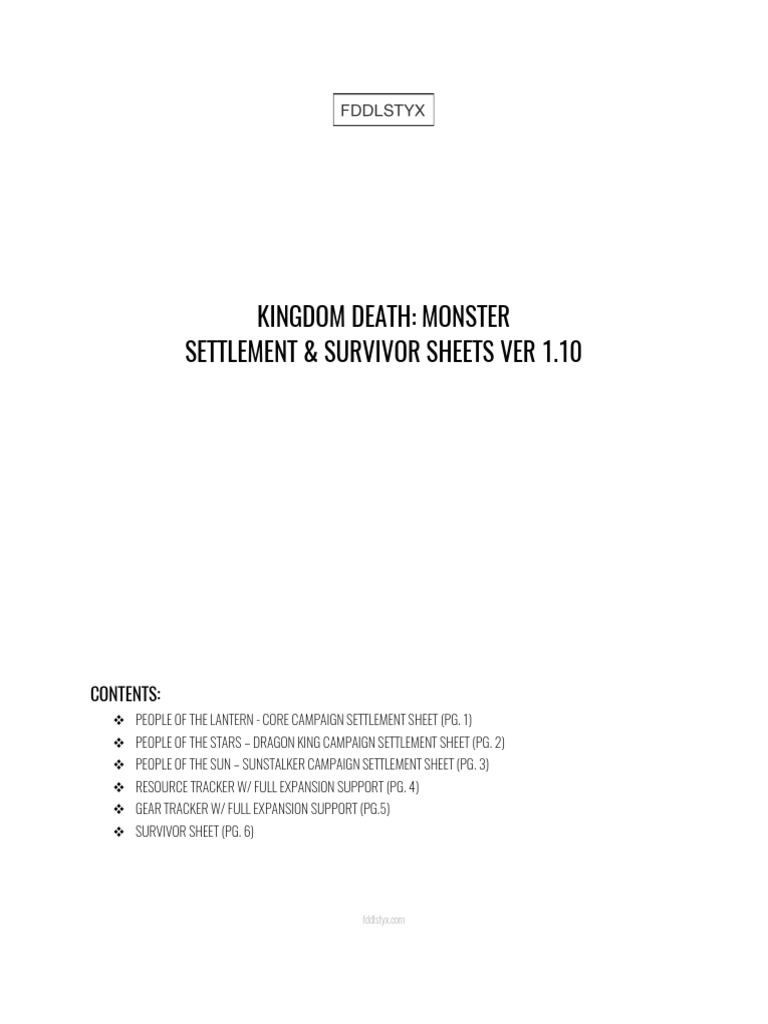 Kingdom Death: Monster Settlement &amp; Survivor Sheets Ver 1.10 | PDF