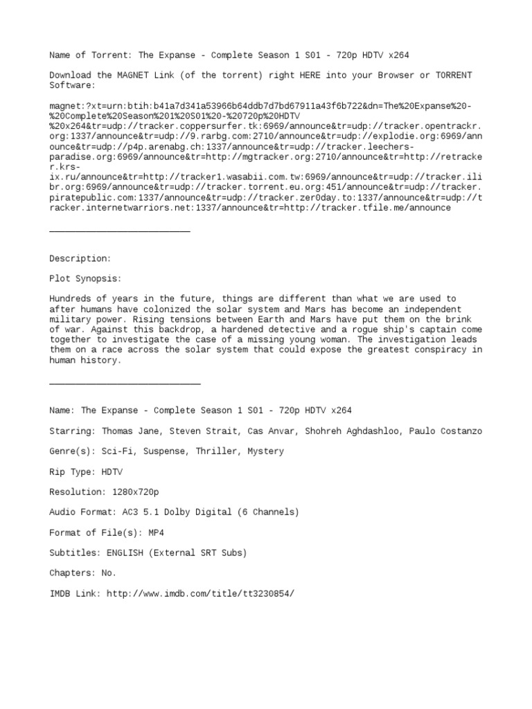 The EXPANSE - Complete Season 1 S01 (2016) - 720p HDTV | PDF